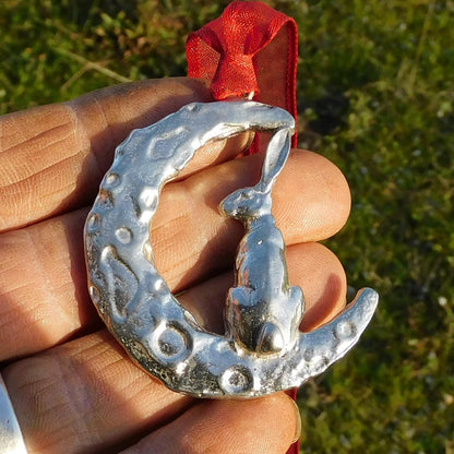 Hare on the Moon Christmas Decoration, Handmade Pewter Ornament by William Sturt Fine Pewter