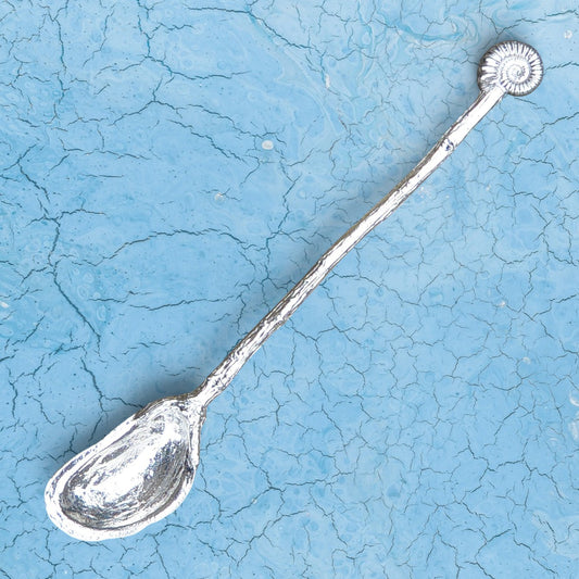 Handcast Pewter Mussel Shell and Ammonite Jam Spoon, Long Serving Spoon