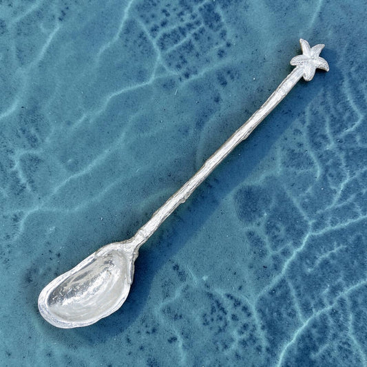 Handcast Pewter Mussel Shell and Starfish Jam Spoon, Long Serving Spoon
