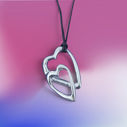 Double Heart Pendant Necklace, Handcast Pewter on Adjustable Waxed Cord