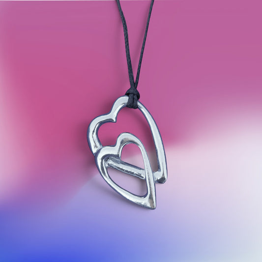 Double Heart Pendant Necklace, Handcast Pewter on Adjustable Waxed Cord