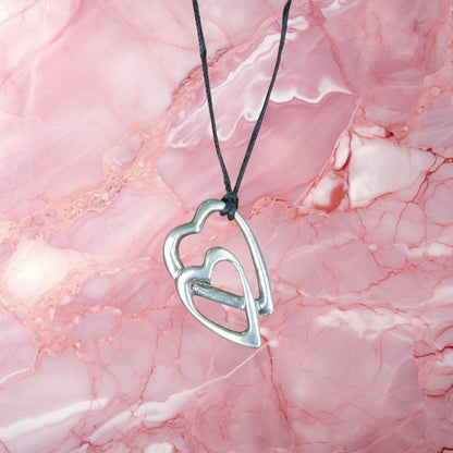 Double Heart Pendant Necklace, Handcast Pewter on Adjustable Waxed Cord
