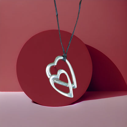 Double Heart Pendant Necklace, Handcast Pewter on Adjustable Waxed Cord