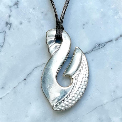 Maori Fish Hook Pendant Necklace (Textured Design), Handcast Pewter Pendant on Adjustable Waxed Cord