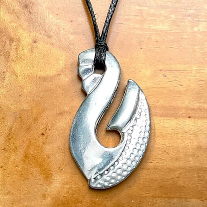 Maori Fish Hook Pendant Necklace (Textured Design), Handcast Pewter Pendant on Adjustable Waxed Cord