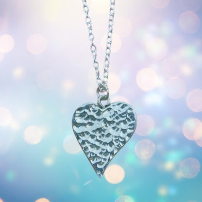 Hammered Heart Pendant Necklace on Silver Plated Chain, Handcast Pewter