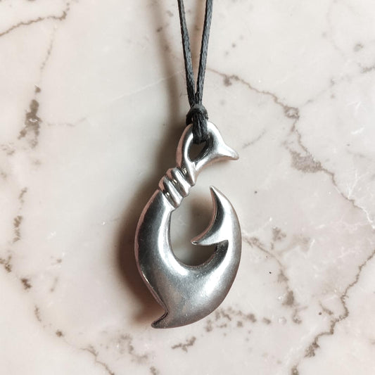 Maori Fish Hook Pendant Necklace (Bound Design), Handcast Pewter Pendant on Adjustable Waxed Cord