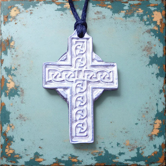 Celtic Cross Pendant Necklace (Knotwork Design), Handcast Pewter Pendant on Adjustable Waxed Cord