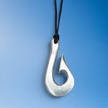 Maori Fish Hook Pendant Necklace (Minimalist Design), Handcast Pewter Pendant on Adjustable Waxed Cord
