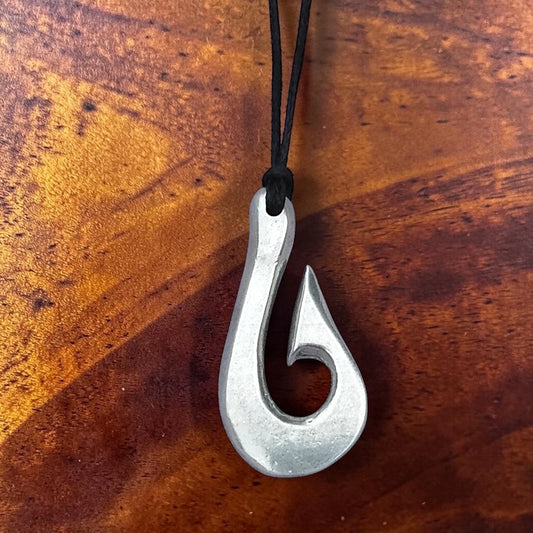 Maori Fish Hook Pendant Necklace (Minimalist Design), Handcast Pewter Pendant on Adjustable Waxed Cord