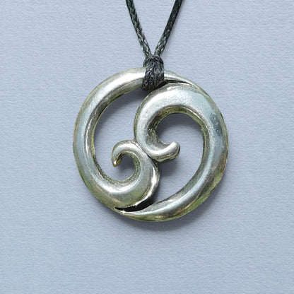 Twin Wave Pendant Necklace (Chunky Design), Handcast Pewter on Adjustable Waxed Cord