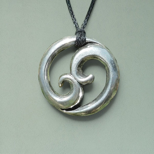 Twin Wave Pendant Necklace (Chunky Design), Handcast Pewter on Adjustable Waxed Cord