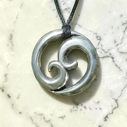 Twin Wave Pendant Necklace (Chunky Design), Handcast Pewter on Adjustable Waxed Cord
