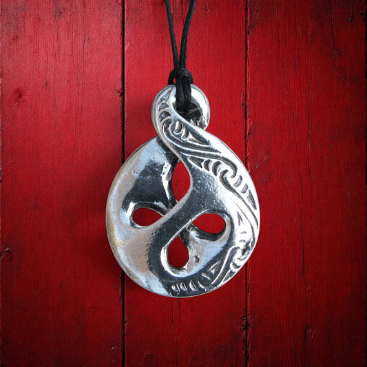 Crossover Infinity Pendant, Handcast Pewter Necklace on Adjustable Waxed Cord