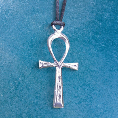 Ankh Pendant Necklace, Handcast Pewter Pendant on Adjustable Waxed Cord