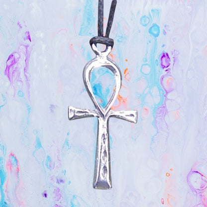 Ankh Pendant Necklace, Handcast Pewter Pendant on Adjustable Waxed Cord