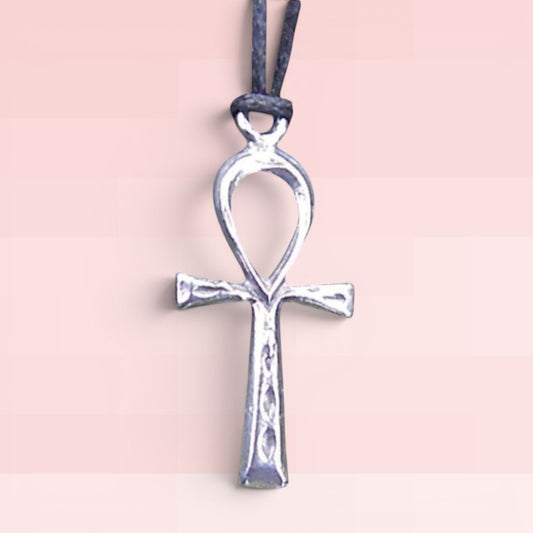 Ankh Pendant Necklace, Handcast Pewter Pendant on Adjustable Waxed Cord
