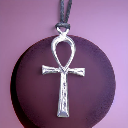 Ankh Pendant Necklace, Handcast Pewter Pendant on Adjustable Waxed Cord