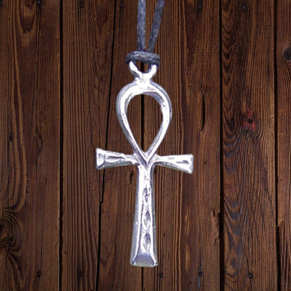Ankh Pendant Necklace, Handcast Pewter Pendant on Adjustable Waxed Cord