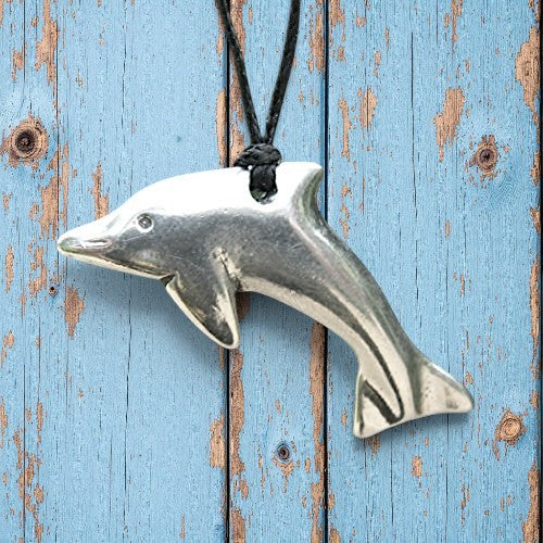 Dolphin Pendant Necklace, Handcast Pewter on Adjustable Waxed Cord