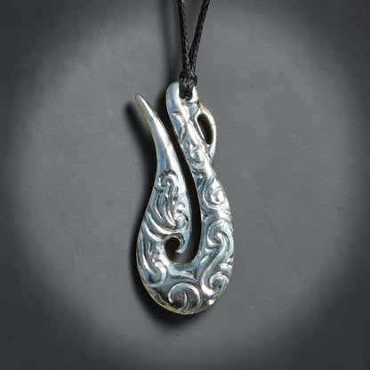 Engraved Fish Hook Pendant Necklace (Carved Design), Maori-Inspired Handcast Pewter Pendant on Adjustable Waxed Cord