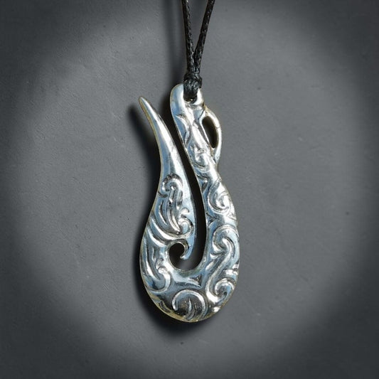 Engraved Fish Hook Pendant Necklace (Carved Design), Maori-Inspired Handcast Pewter Pendant on Adjustable Waxed Cord