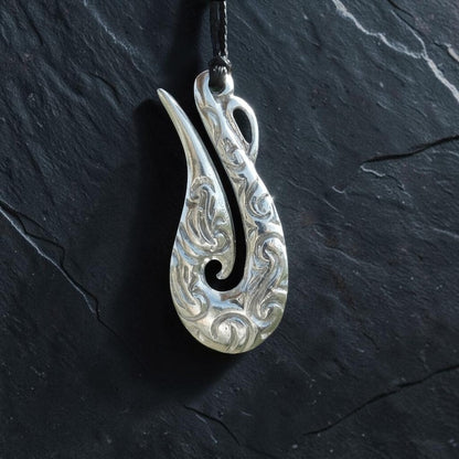 Engraved Fish Hook Pendant Necklace (Carved Design), Maori-Inspired Handcast Pewter Pendant on Adjustable Waxed Cord