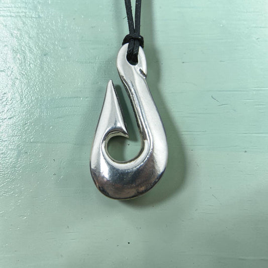 Maori Fish Hook Pendant Necklace (Simple Design), Handcast Pewter Pendant on Adjustable Waxed Cord