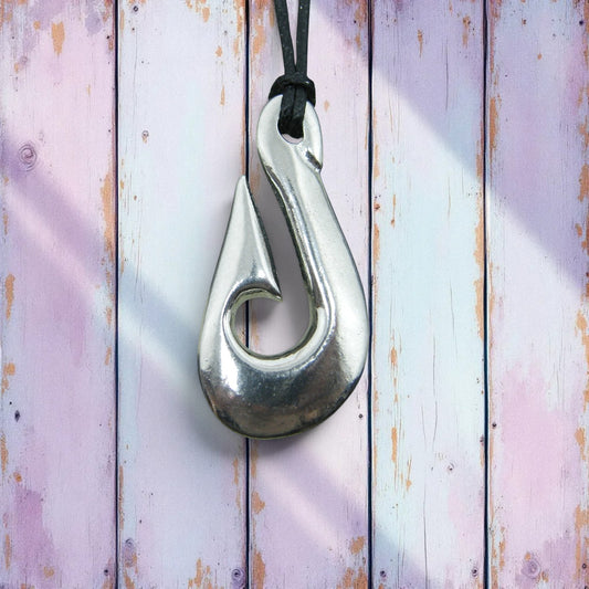 Maori Fish Hook Pendant Necklace (Simple Design), Handcast Pewter Pendant on Adjustable Waxed Cord