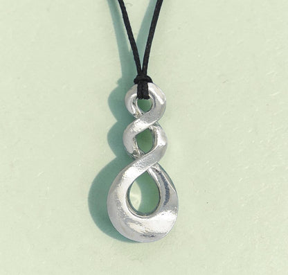 Flat Triple Infinity Loop Pendant Necklace, Handcast Pewter Pendant on Adjustable Waxed Cord