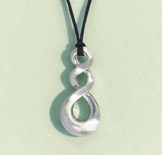 Flat Triple Infinity Loop Pendant Necklace, Handcast Pewter Pendant on Adjustable Waxed Cord