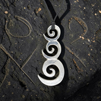 Triple Spiral Pendant Necklace (Flat Design), Handcast Pewter on Adjustable Waxed Cord