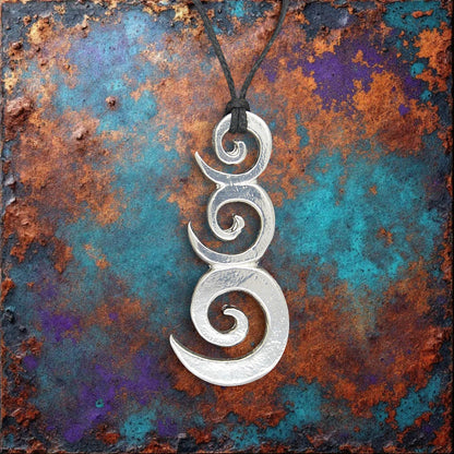 Triple Spiral Pendant Necklace (Flat Design), Handcast Pewter on Adjustable Waxed Cord