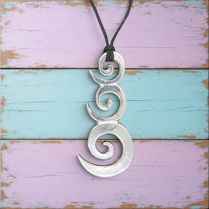 Triple Spiral Pendant Necklace (Flat Design), Handcast Pewter on Adjustable Waxed Cord