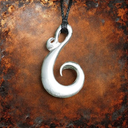 Spiral Fish Hook Pendant Necklace, Handcast Pewter Pendant on Adjustable Waxed Cord