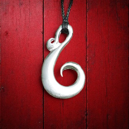 Spiral Fish Hook Pendant Necklace, Handcast Pewter Pendant on Adjustable Waxed Cord