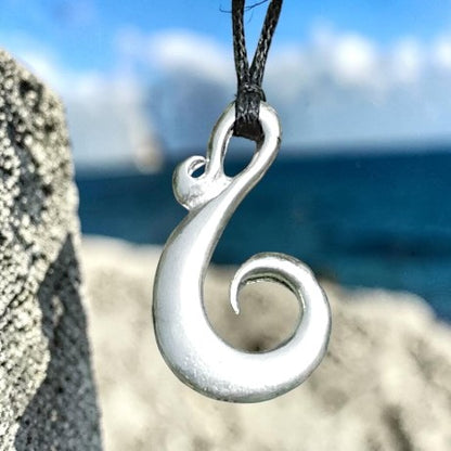 Spiral Fish Hook Pendant Necklace, Handcast Pewter Pendant on Adjustable Waxed Cord