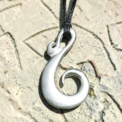 Spiral Fish Hook Pendant Necklace, Handcast Pewter Pendant on Adjustable Waxed Cord