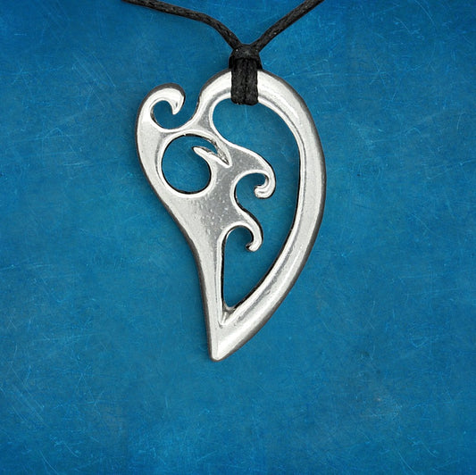 Koru Heart Pendant Necklace, Handcast Pewter on Adjustable Waxed Cord
