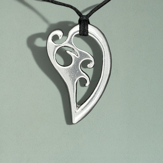Koru Heart Pendant Necklace, Handcast Pewter on Adjustable Waxed Cord