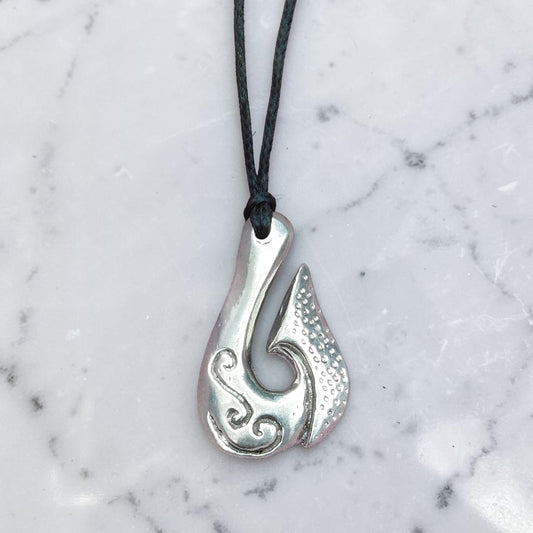 Maori Fish Hook Pendant Necklace (Koru Design), Handcast Pewter Pendant on Adjustable Waxed Cord