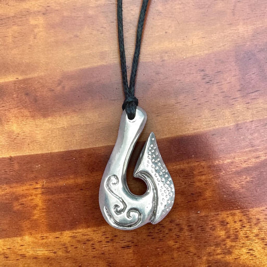 Maori Fish Hook Pendant Necklace (Koru Design), Handcast Pewter Pendant on Adjustable Waxed Cord