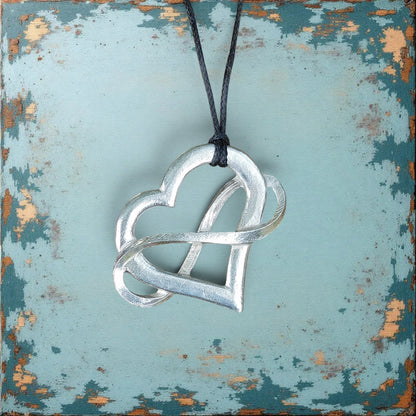 Infinity Heart Pendant Necklace (Large), Handcast Pewter Pendant on Adjustable Waxed Cord
