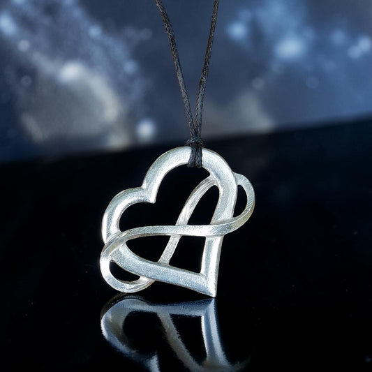 Infinity Heart Pendant Necklace (Large), Handcast Pewter Pendant on Adjustable Waxed Cord