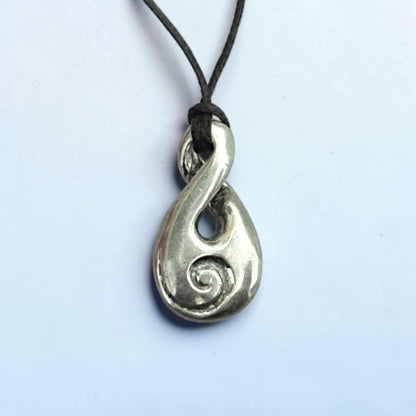 Infinity Loop Pendant Necklace with Koru Spiral, Handcast Pewter Pendant on Adjustable Waxed Cord
