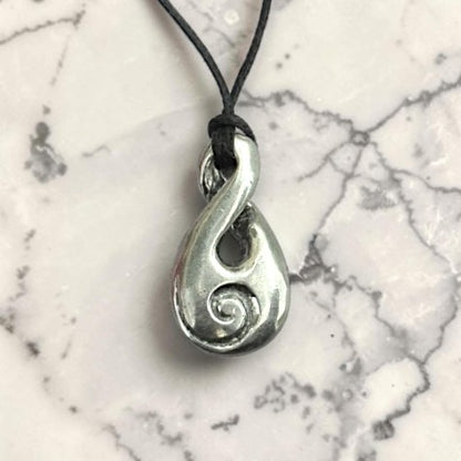Infinity Loop Pendant Necklace with Koru Spiral, Handcast Pewter Pendant on Adjustable Waxed Cord