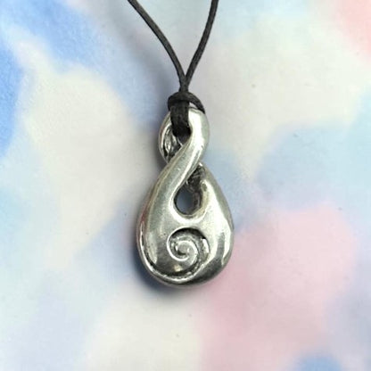 Infinity Loop Pendant Necklace with Koru Spiral, Handcast Pewter Pendant on Adjustable Waxed Cord