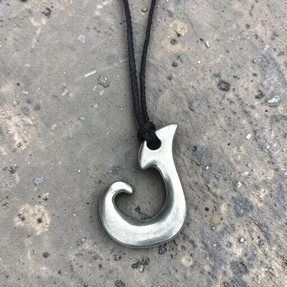 Maori Fish Hook Pendant Necklace (J Design), Handcast Pewter Pendant on Adjustable Waxed Cord
