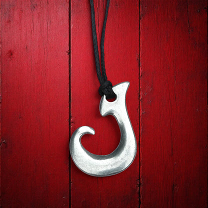 Maori Fish Hook Pendant Necklace (J Design), Handcast Pewter Pendant on Adjustable Waxed Cord