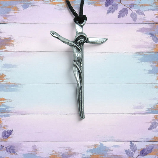 Crucifix Pendant Necklace, Handcast Pewter Cross with Christ Figure on Adjustable Waxed Cord